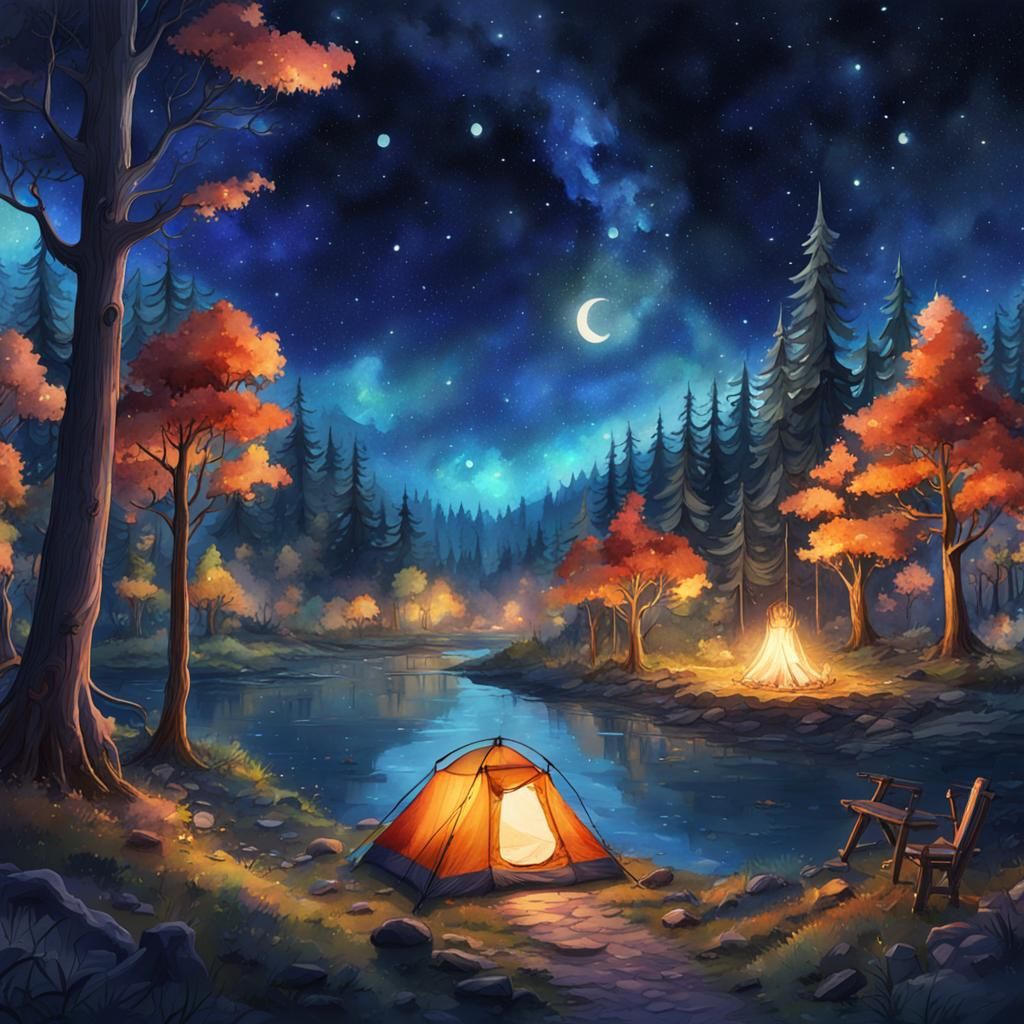 Enchanting Forest Campsite at Starry Night in Watercolor