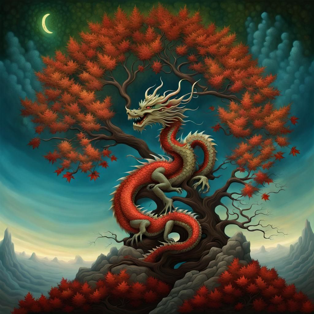 Chinese Dragon in Fractal Tree, Surrealist Fantasy Art