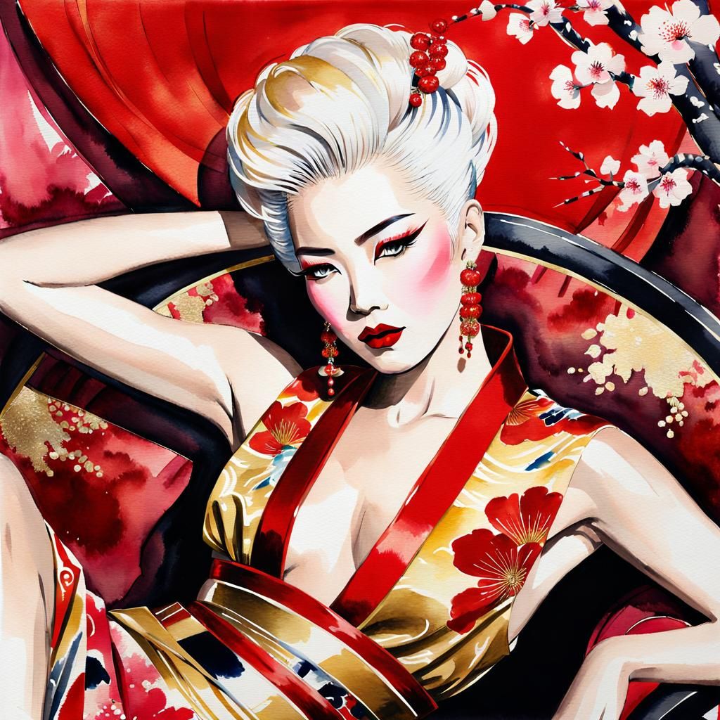 Glamorous Geisha Portrait Beneath Cherry Blossoms
