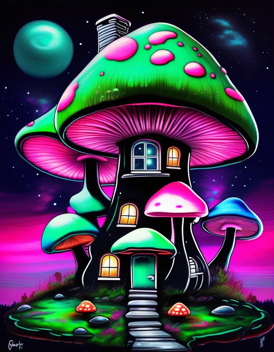 Fantastic Mushroom House on Space Islands in Graffiti Art