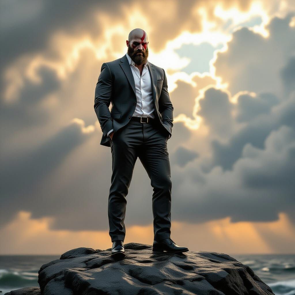 Kratos in Modern Suit Amidst Storm, Hyperrealistic