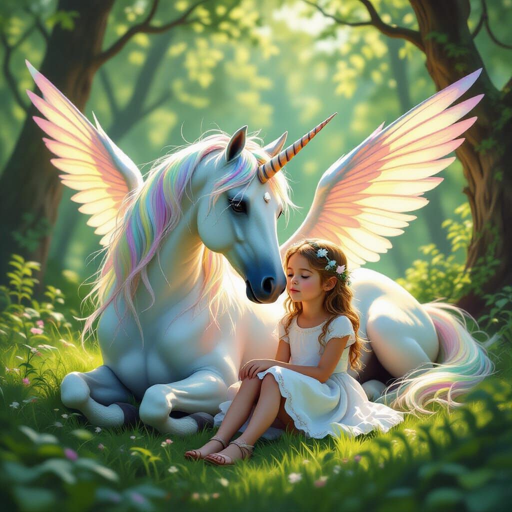 Unicorn Rests on Girl's Lap in Enchanted Forest