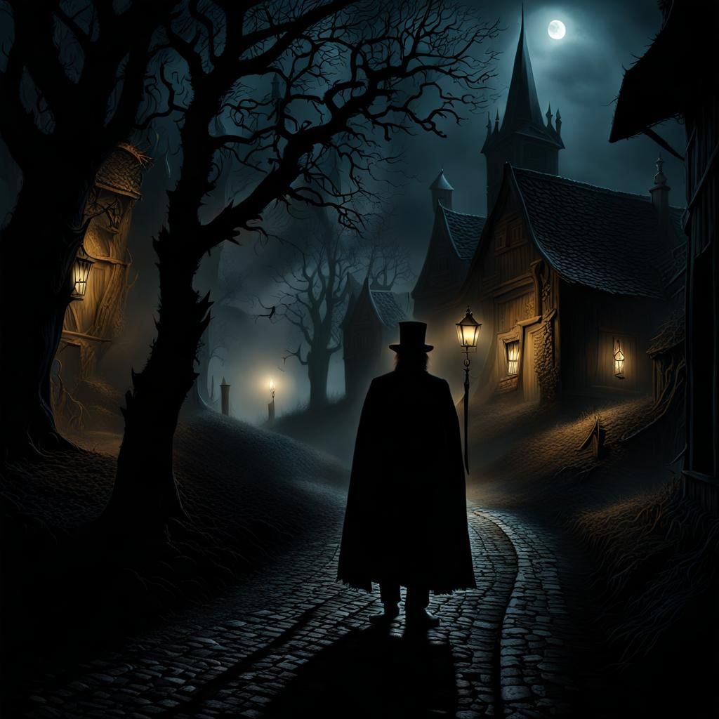 Haunted Village Scene with Black Cat in Hyperrealism
