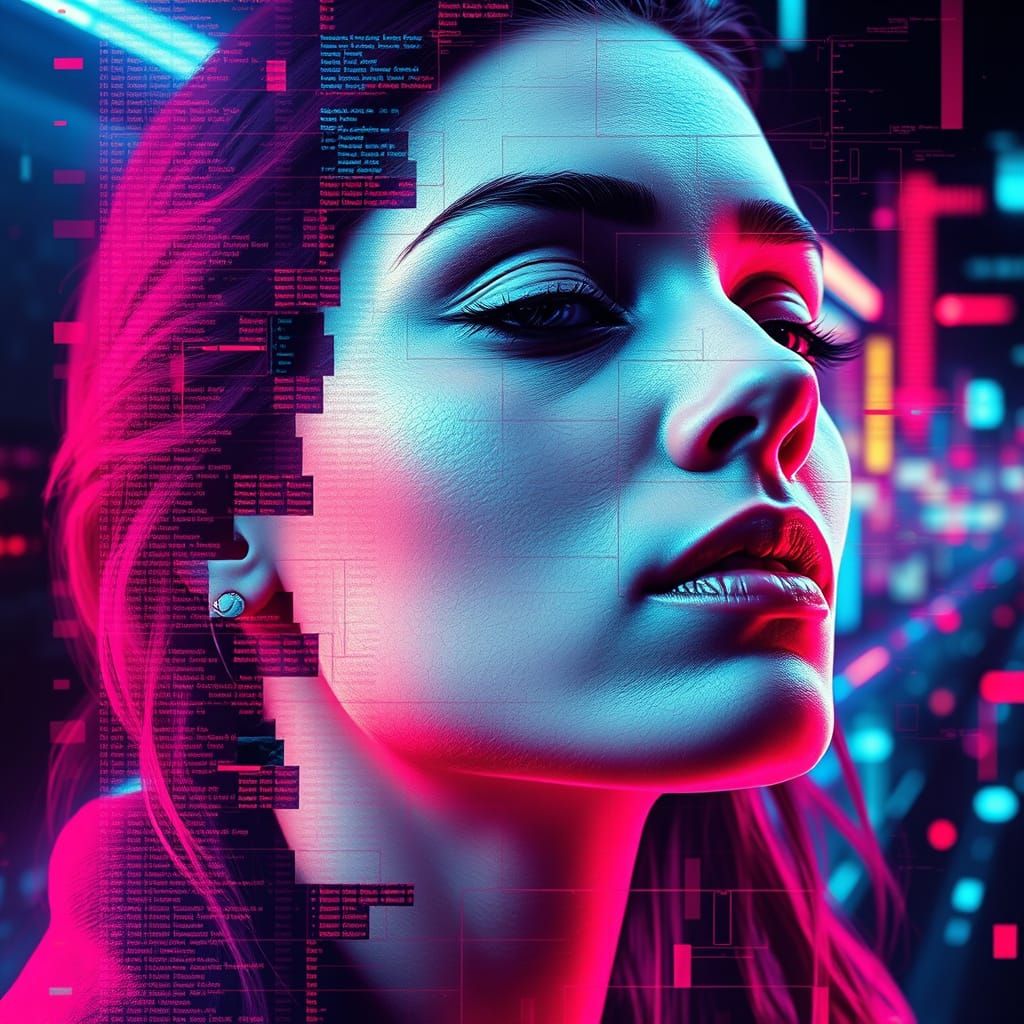 Fragmented Pixel Face in Cyberpunk Style