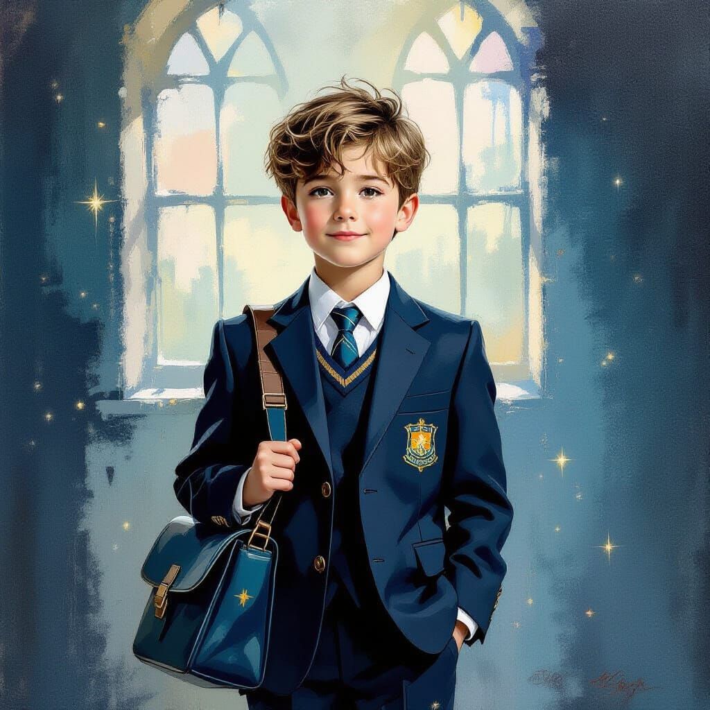 Happy Schoolboy in Postmodern Soft Ink Painting