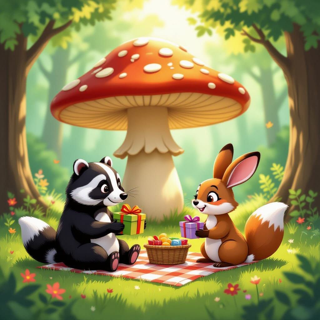 Woodland Creatures Picnic Under Whimsical Mushroom in Enchan...
