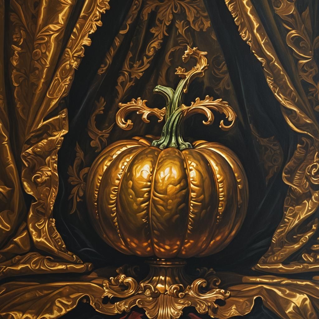 Royal Pumpkin on Golden Throne: Baroque Oil Painting