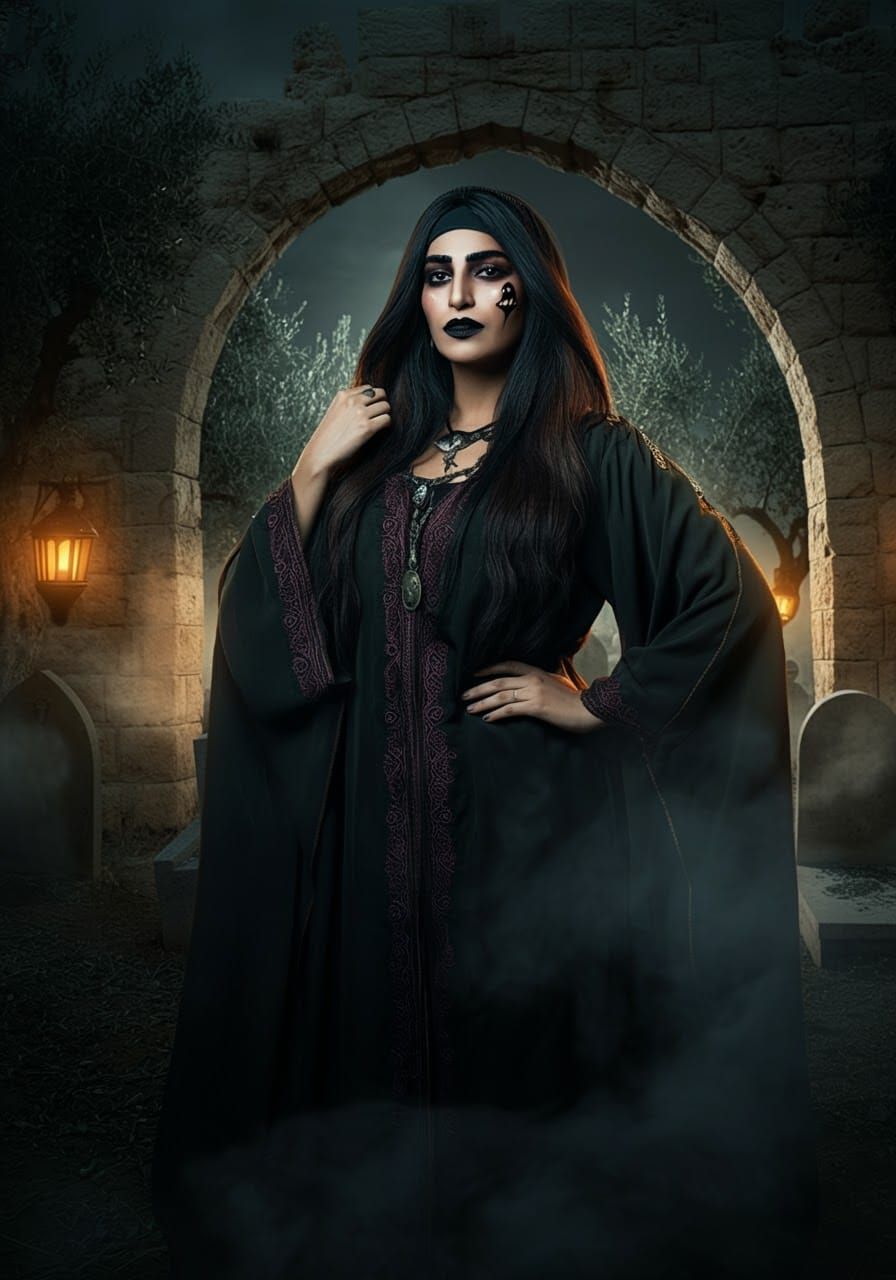 Gothic Palestinian Woman Portrait in Halloween Graveyard