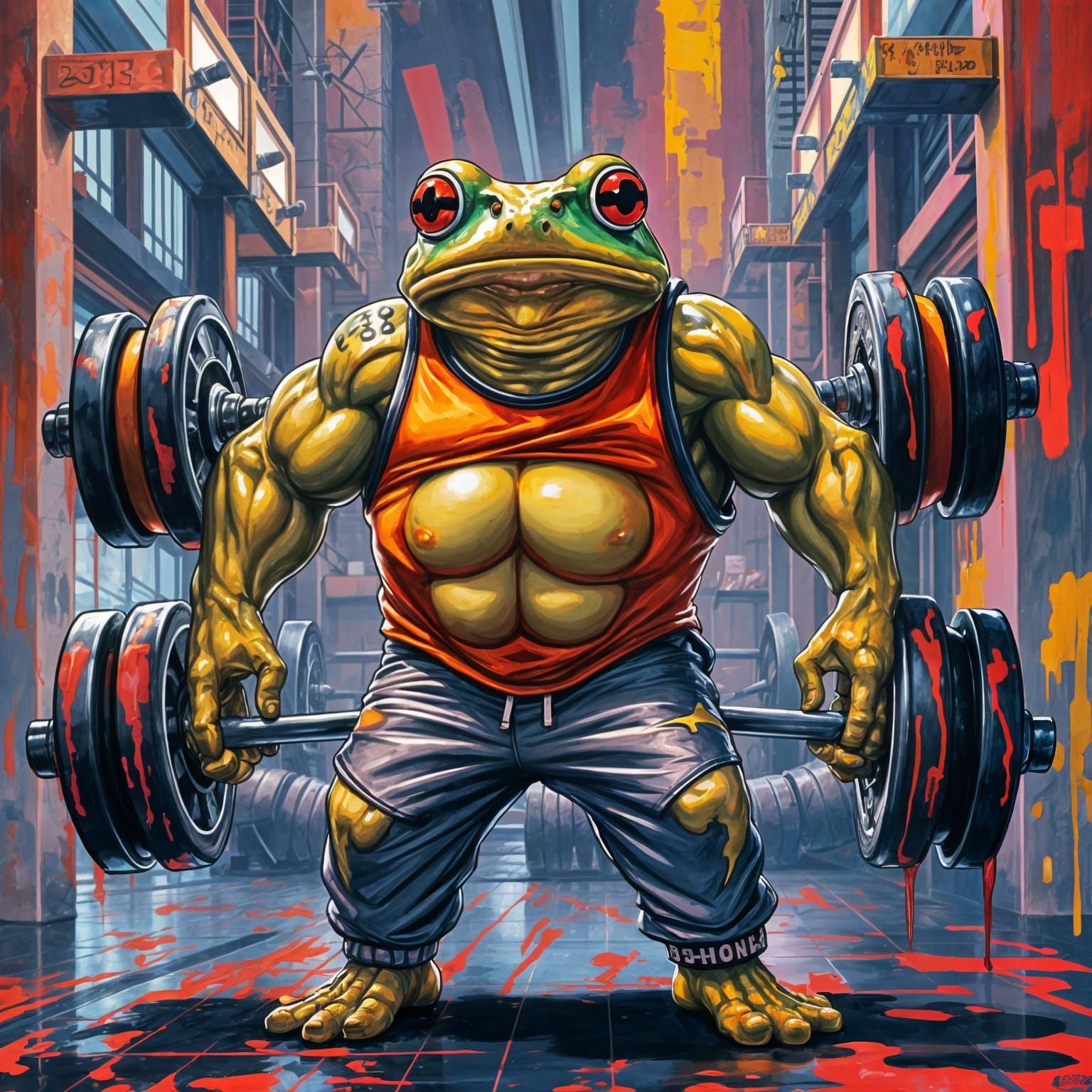 Muscular Frog Gym Workout in Graffiti Art Style