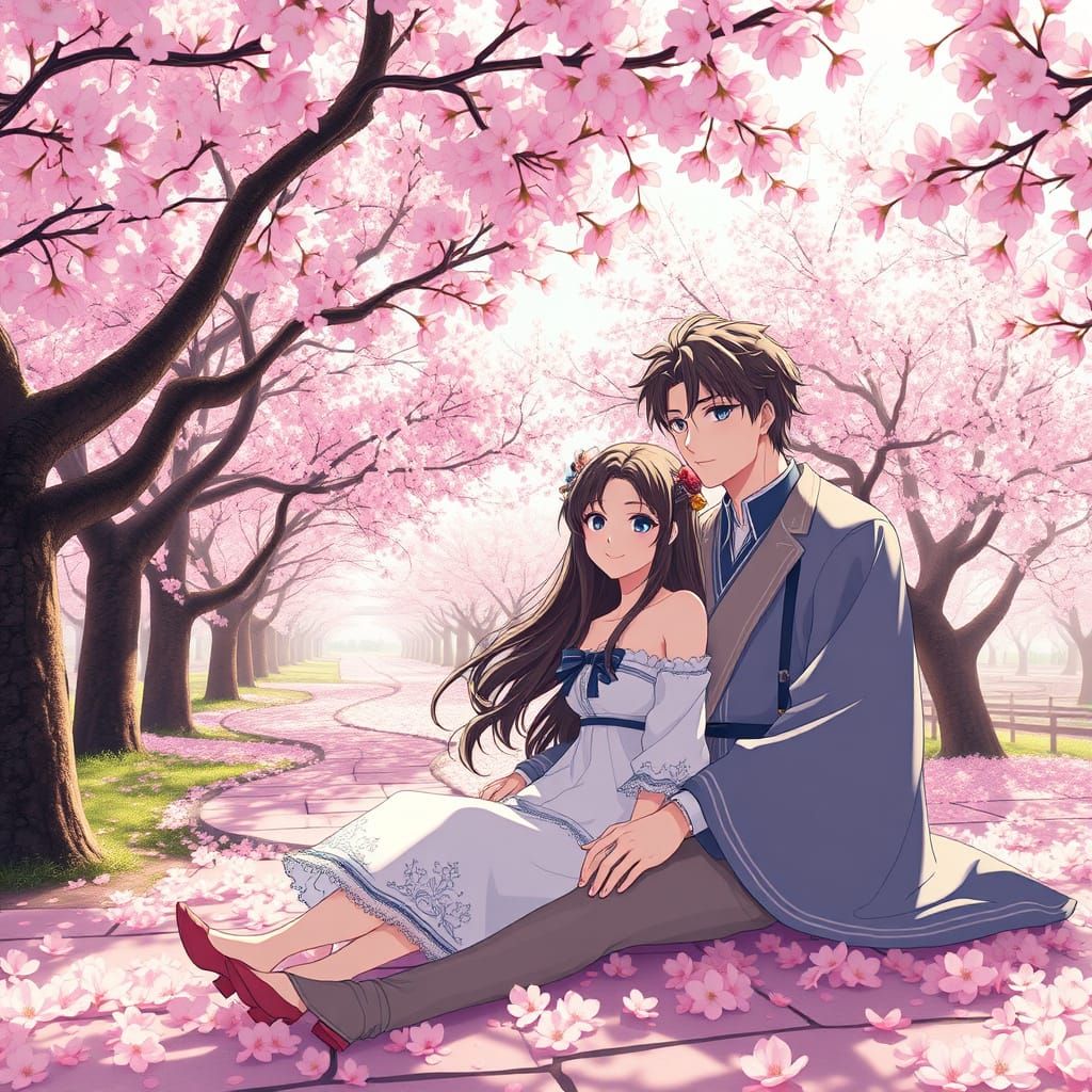 Anime Scene Under Cherry Blossom Trees