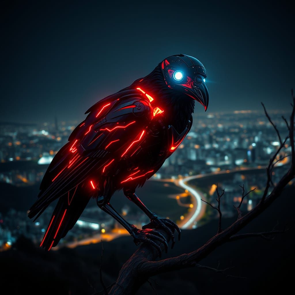 Metallica Robot Raven Takes Flight in Cityscape