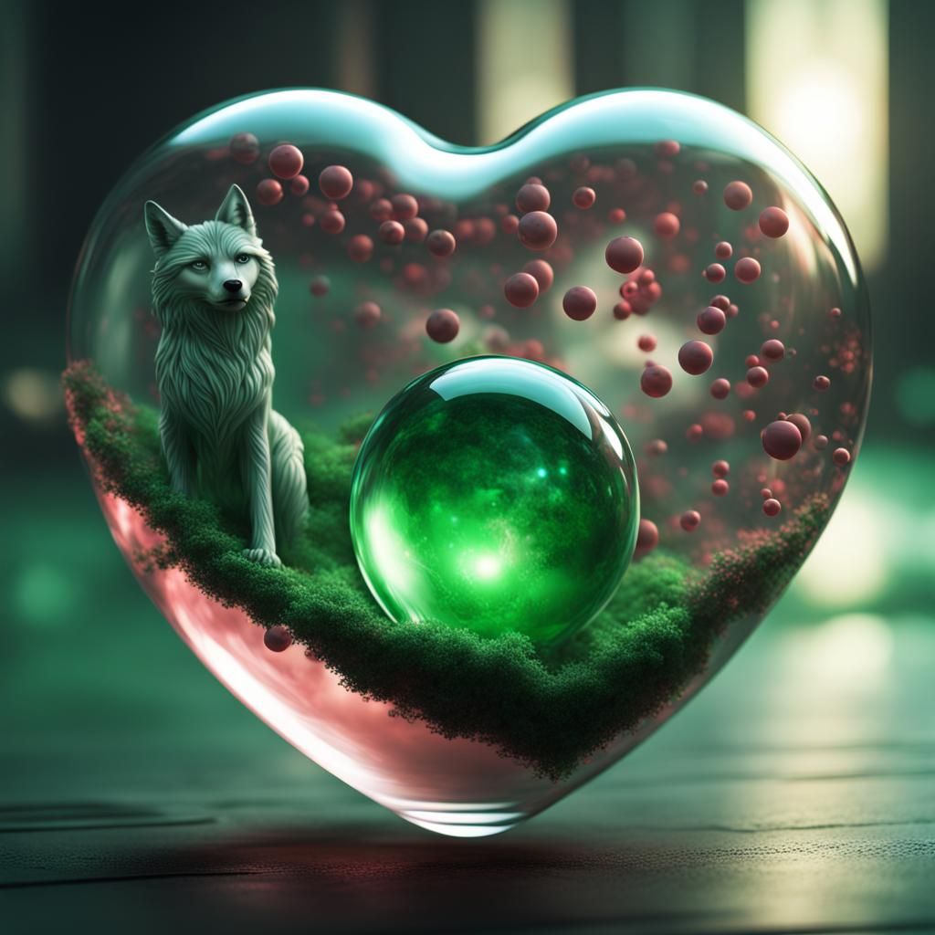 Green Wolf Orbs in Glass Heart: Digital Painting
