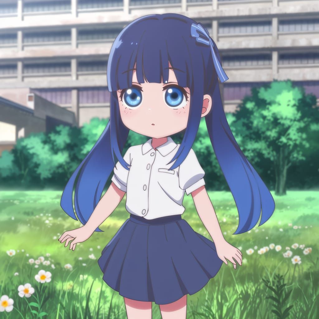 Anime Girl in a Field with a Building