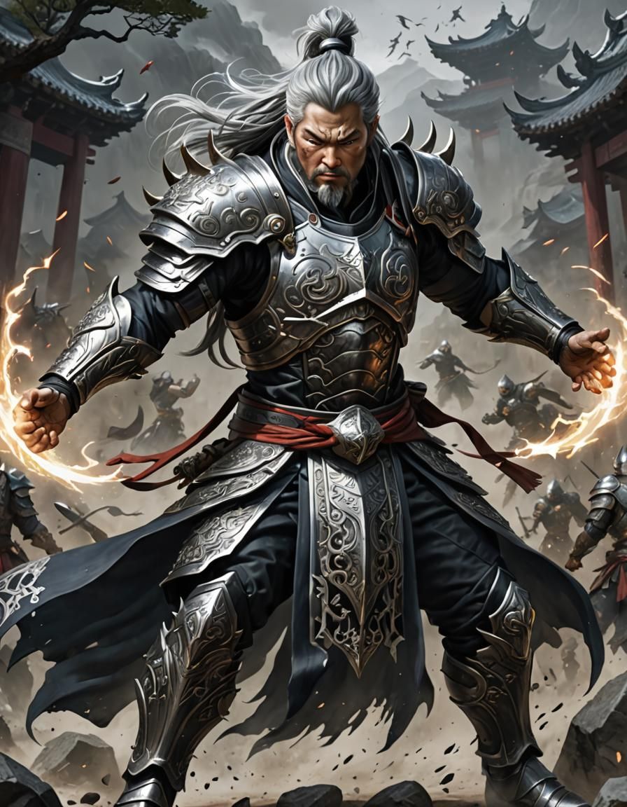 Asian warrior with intricate oriental body armor, black and ...