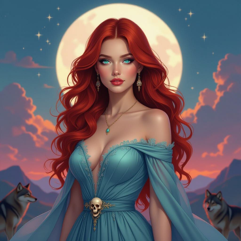 Ethereal Woman in Celestial Gown Under Twilight Sky