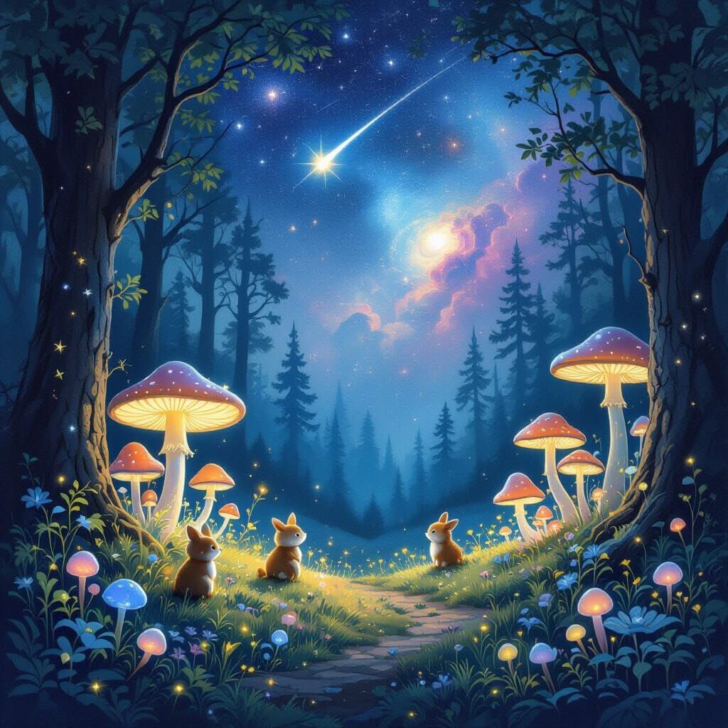 Ethereal Nebula Forest Clearing with Woodland Creatures