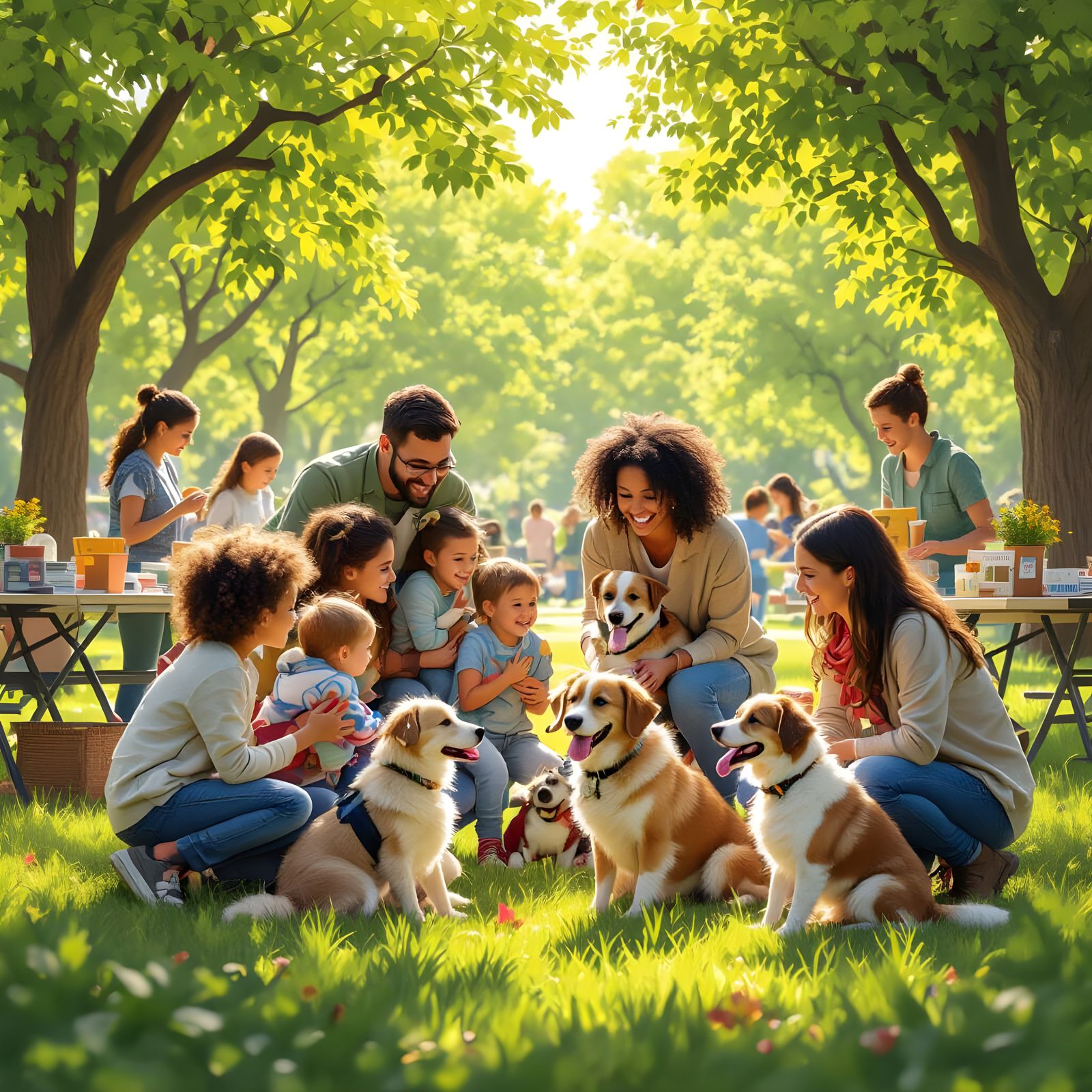 Joyful Adoption Event in Sunny Park with Pets