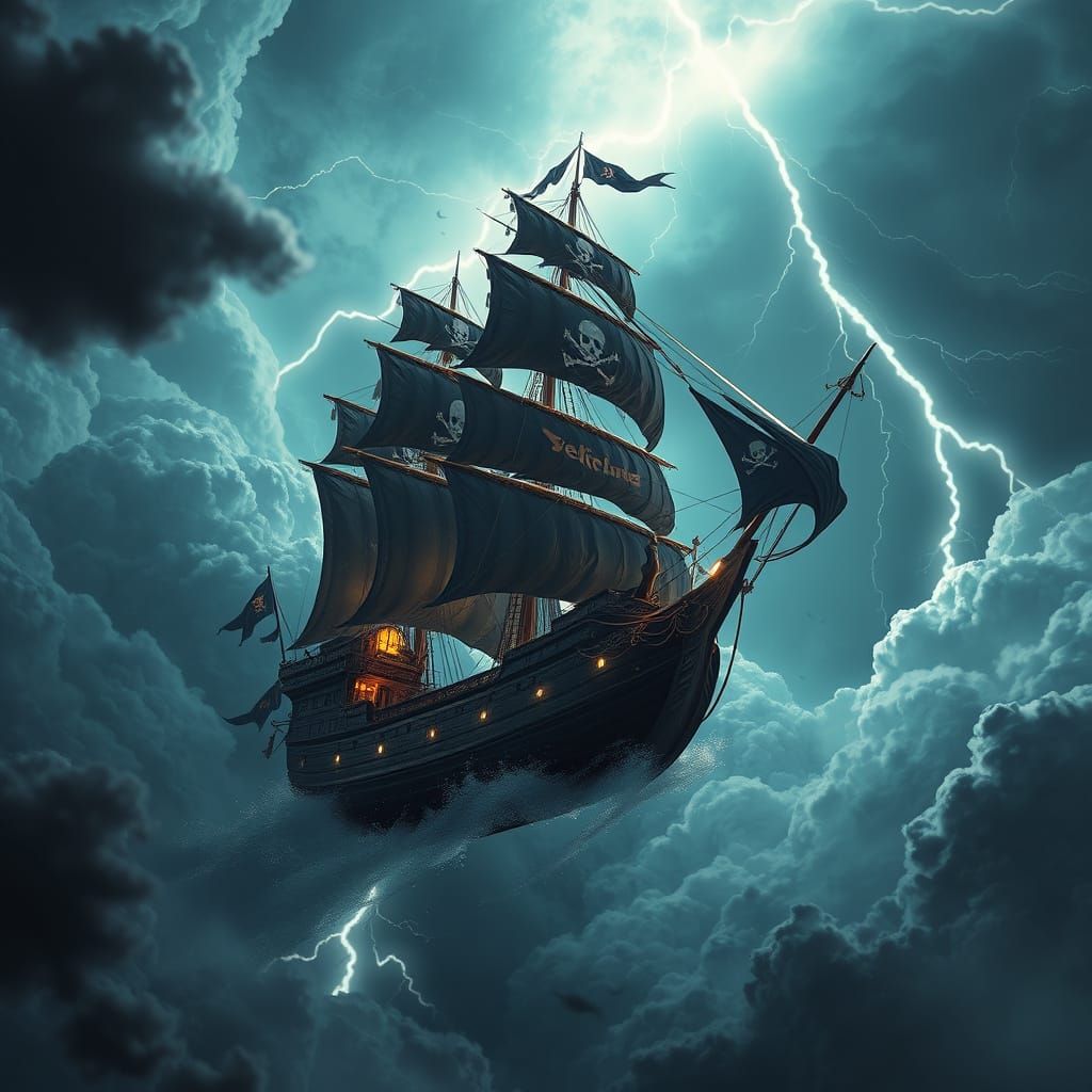 Majestic Pirate Ship Soars Through Turbulent Thunderstorm Sk...