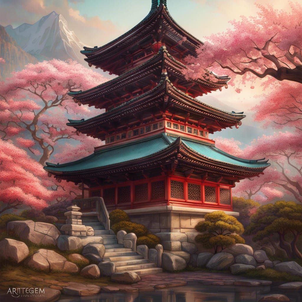 Detailed Japanese Temple in Cherry Blossom Garden