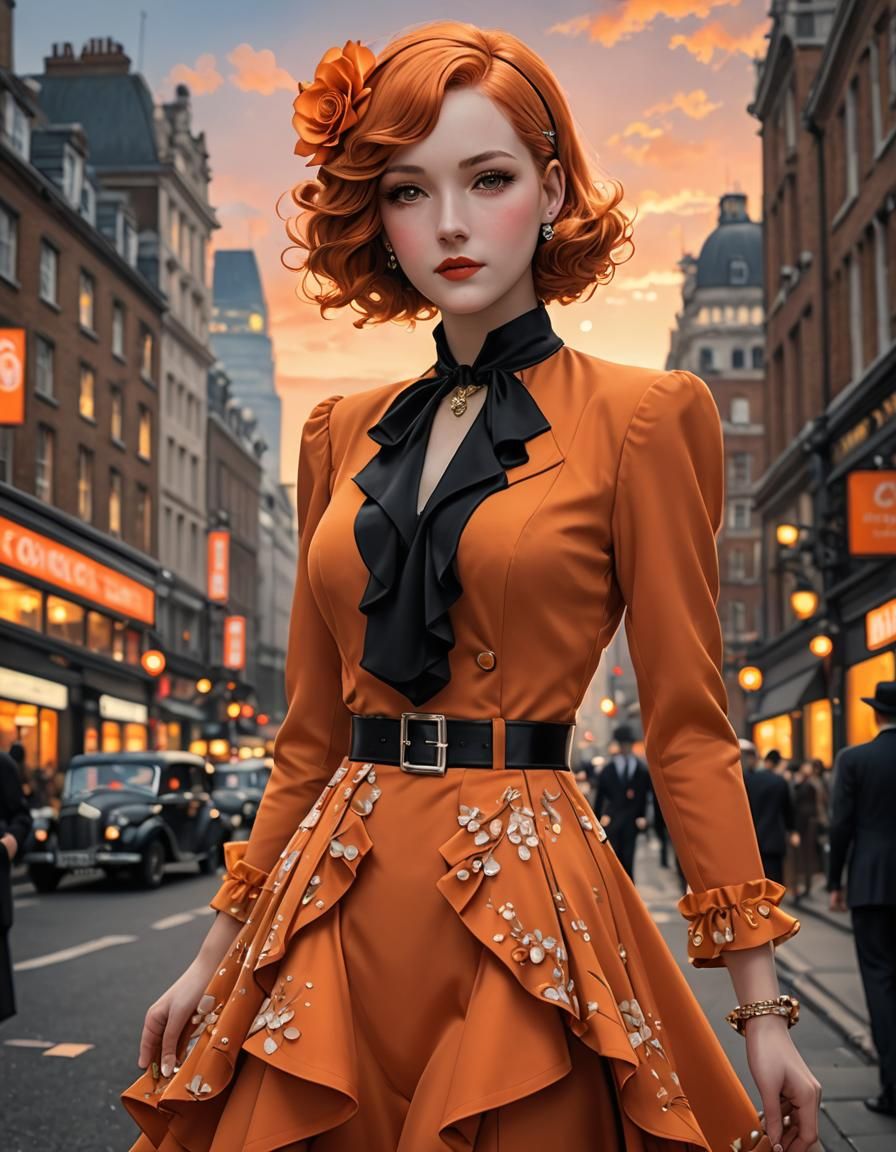 Orange 1930s Suit with London Bokeh Background