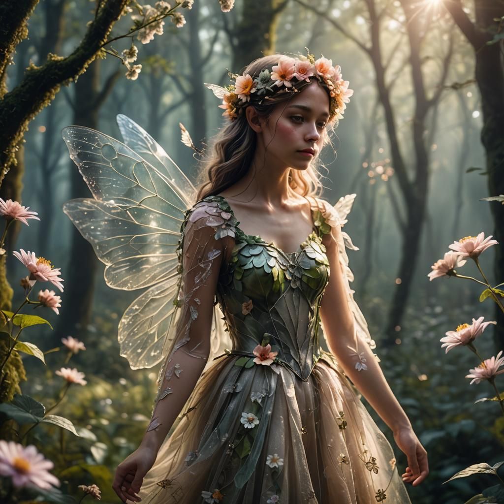 Enchanting Flower Fairy in Misty Forest: Cinematic Photograp...