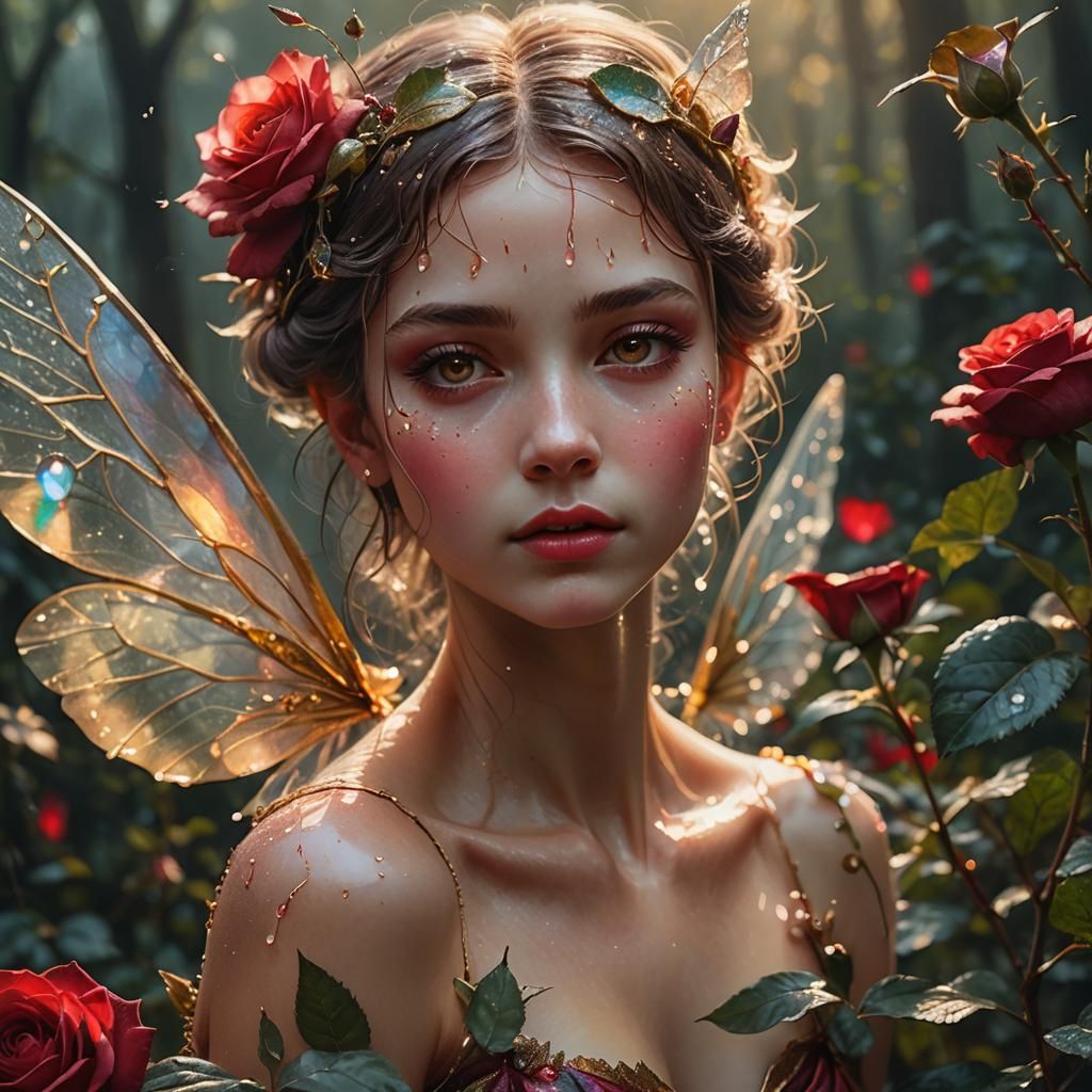 Rose Fairy with Iridescent Wings as Oil Painting