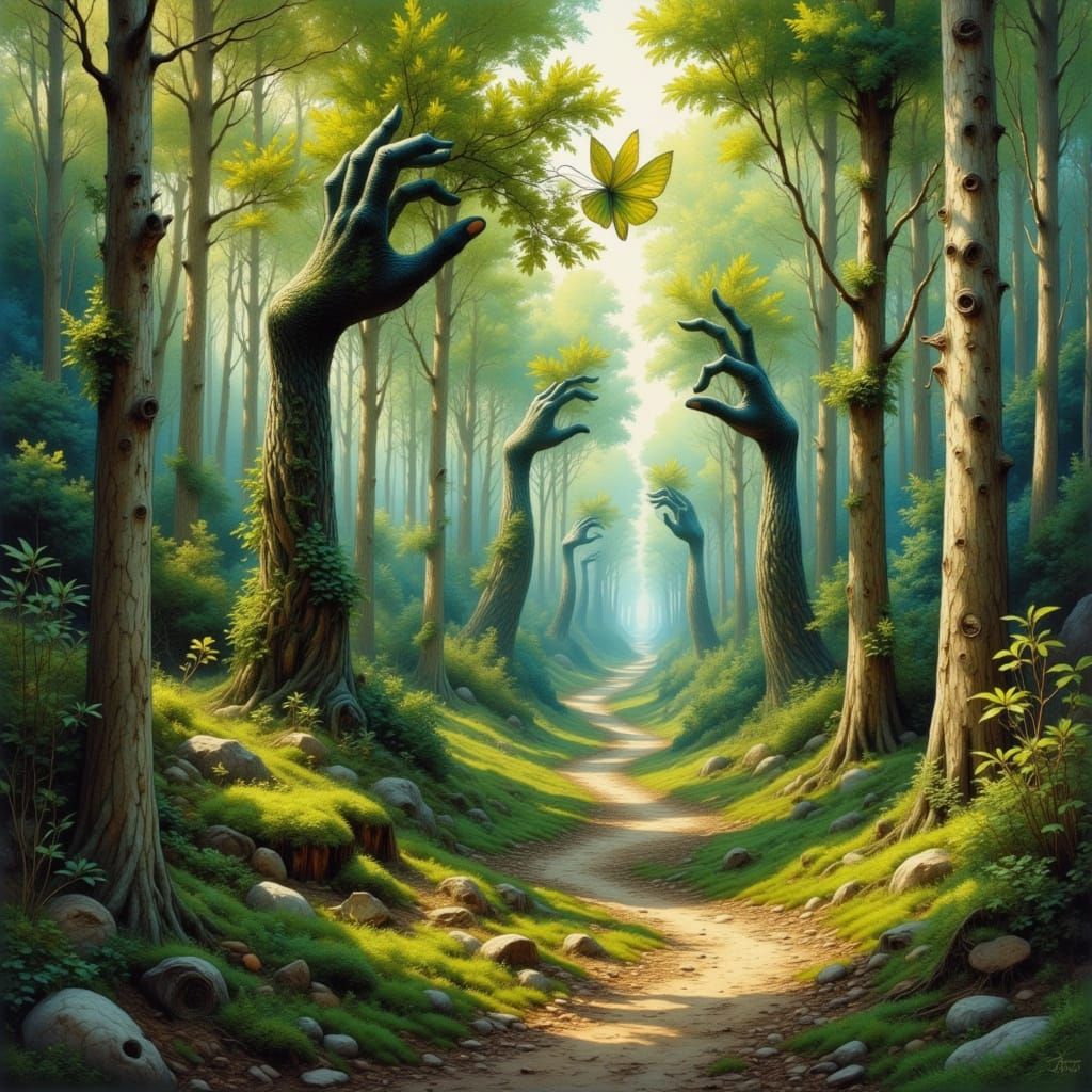 Surreal Forest with Silver Trees and Giant Hand Statues