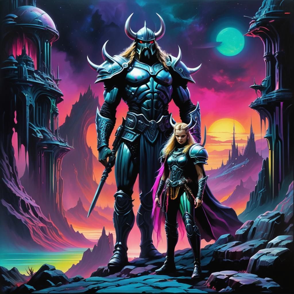 Viking Warlord on Alien Planet: Dark Fantasy Oil Painting