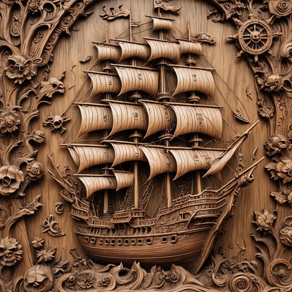 Intricate Wood Carving of a Pirate Ship