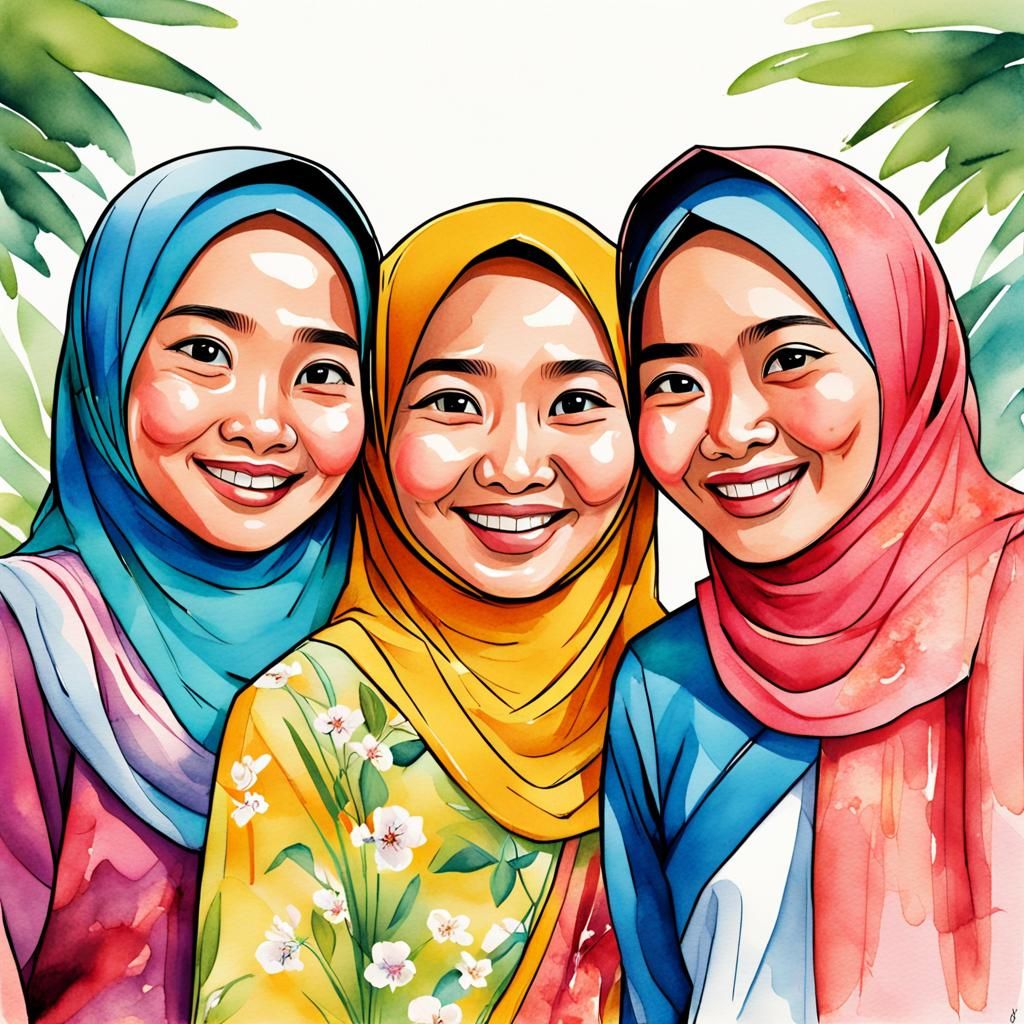 Create a cartoon style of three Malay lady cartoon character...