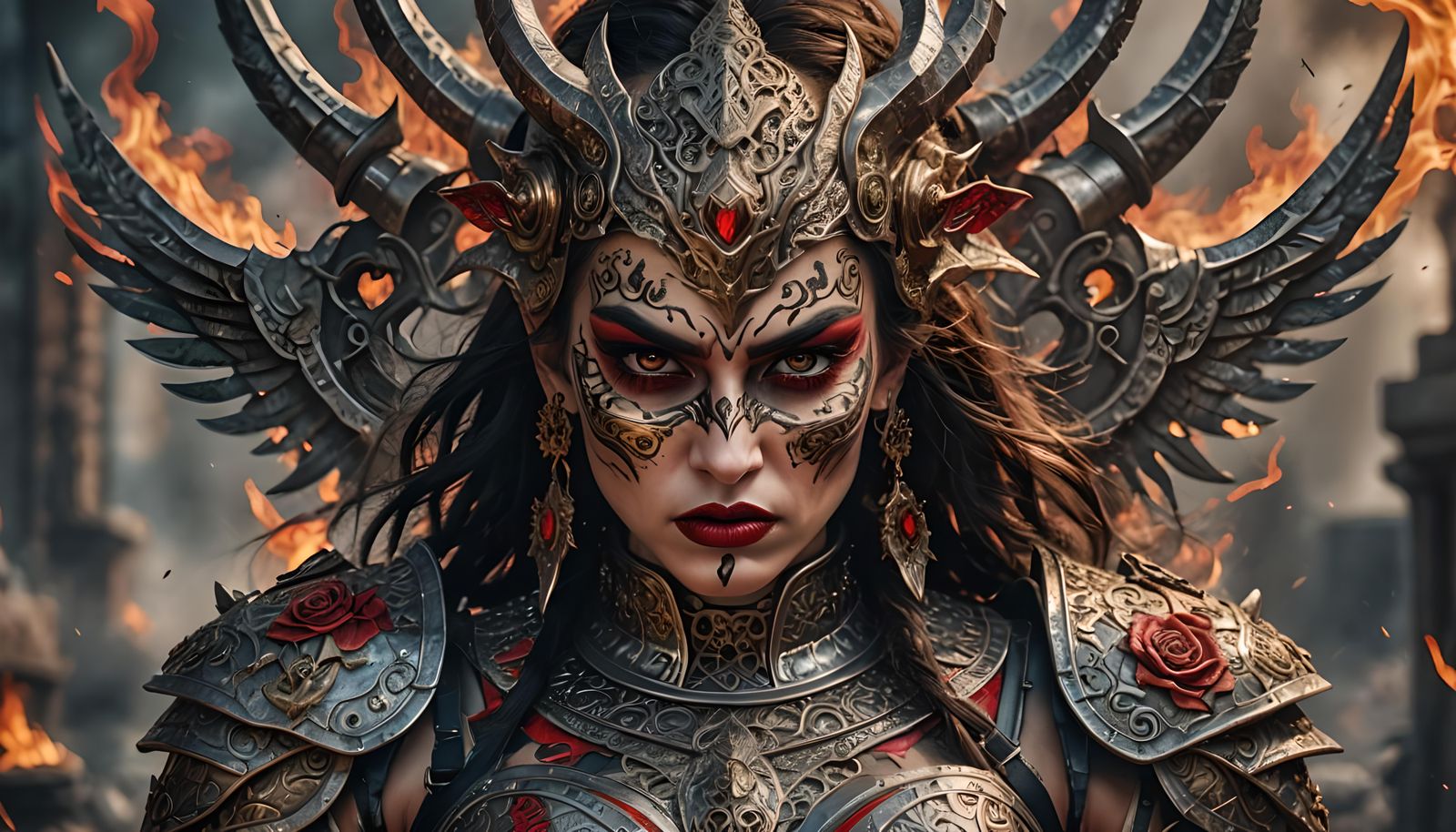 Furious Goddess with Fiery Tattoos in Vintage Armor