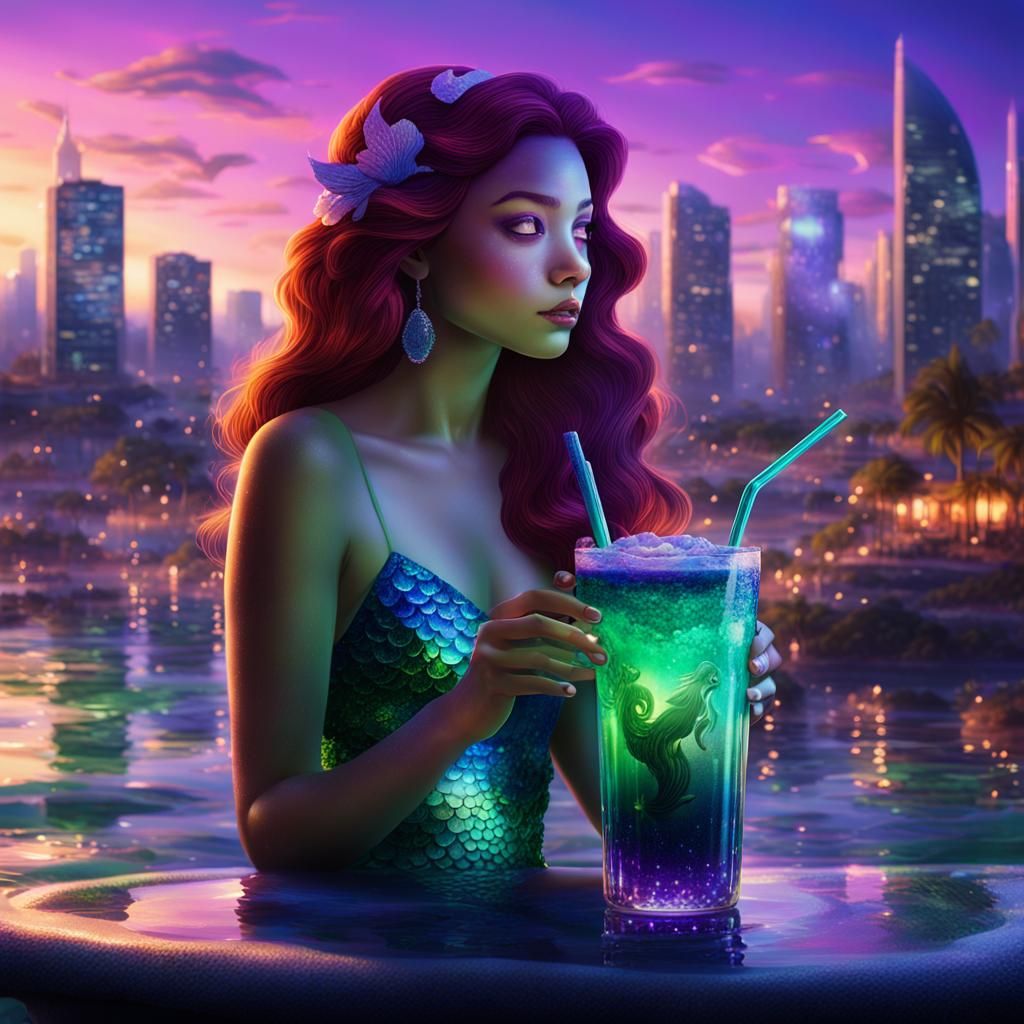 Ariel's Glowing Mermaid Mocktail in Underwater Cityscape