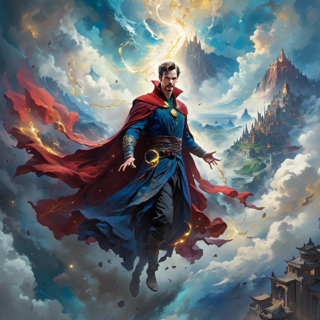 Doctor Strange Soaring Through Clouds in Watercolor Style