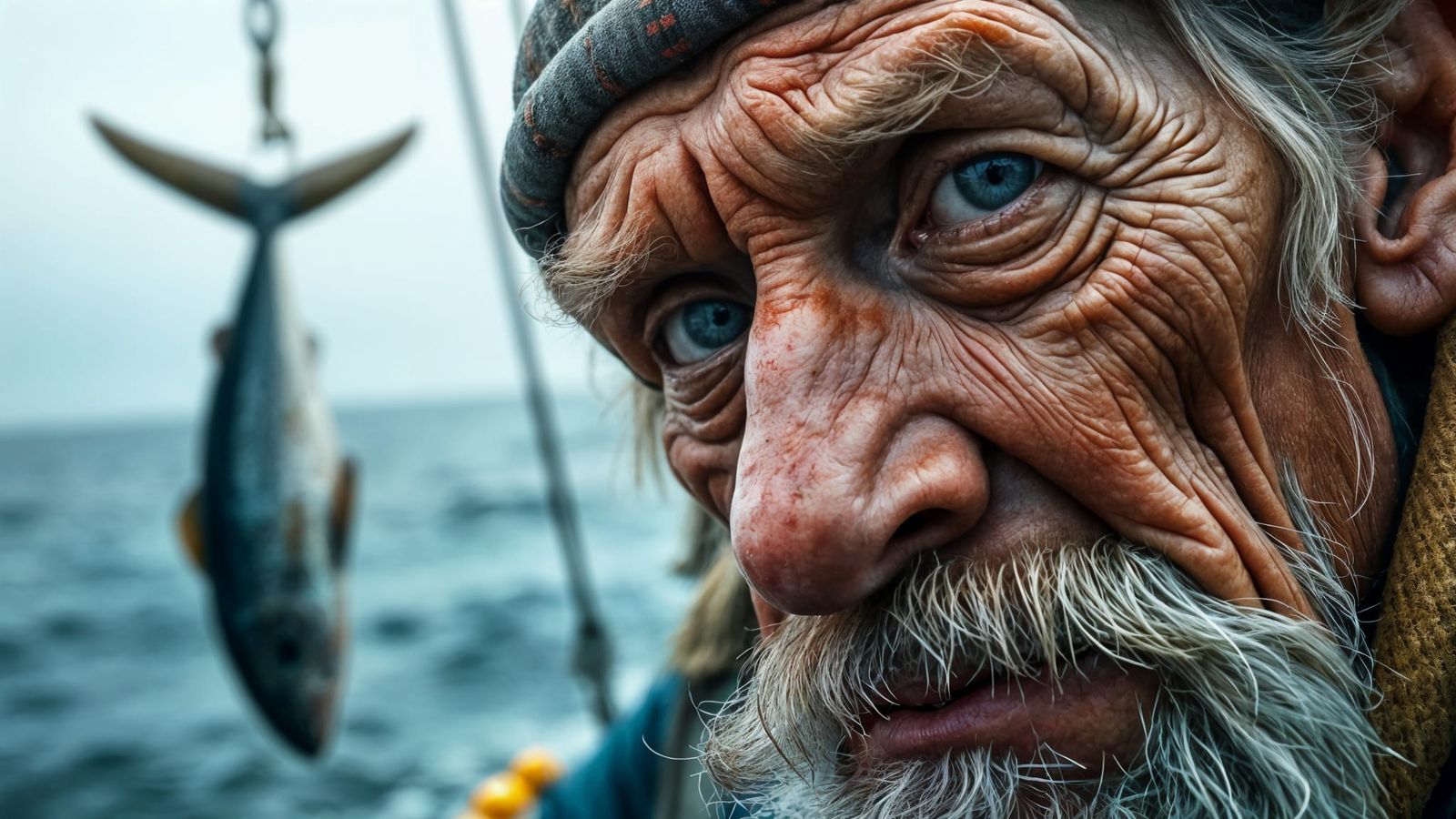 Old Fisherman on Trawler, Close-up Portrait