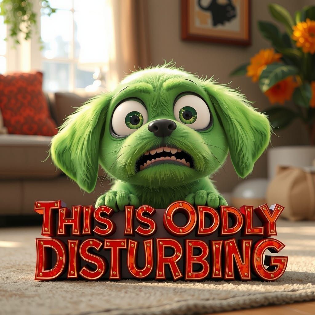 In a cozy living room setting bathed in warm, inviting light, a peculiar, green Pixar-style cartoon puppy sits with a wi...