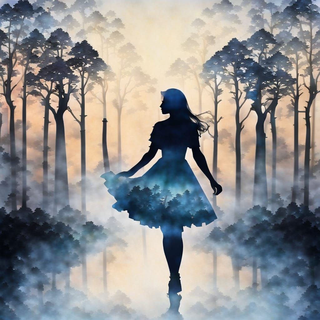 Ethereal Forest Enchantment in Woman's Silhouette