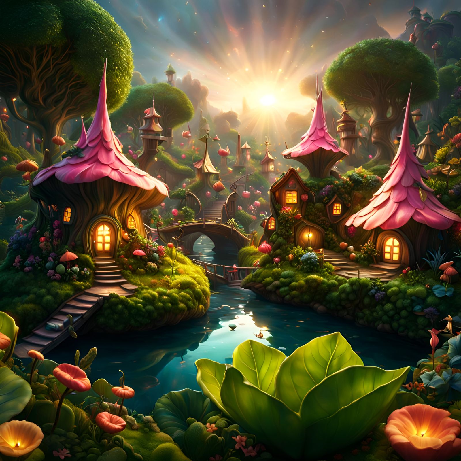 Dreamlike Fairy Village on Giant Leaf