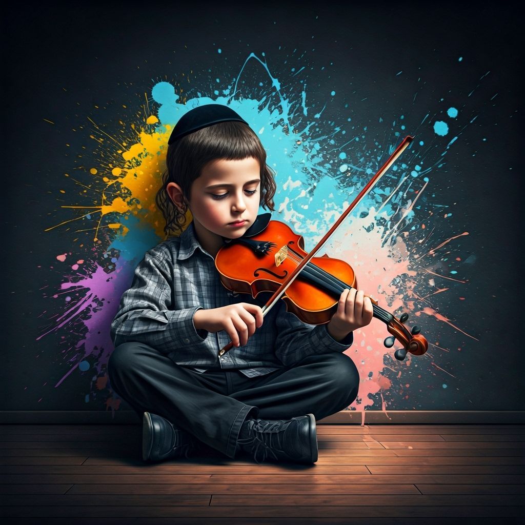 Hasidic Boy Plays Violin in Dark Room