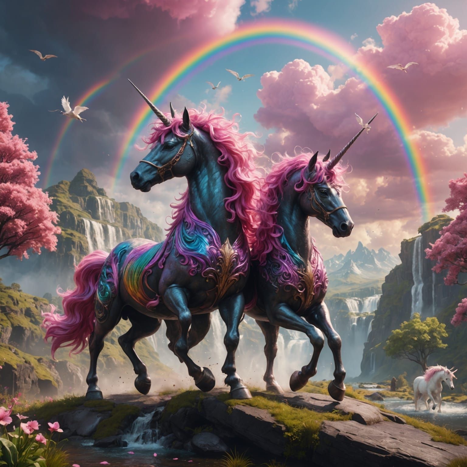 Pink Fluffy Unicorns Dancing on Rainbows: Detailed Matte Pai...