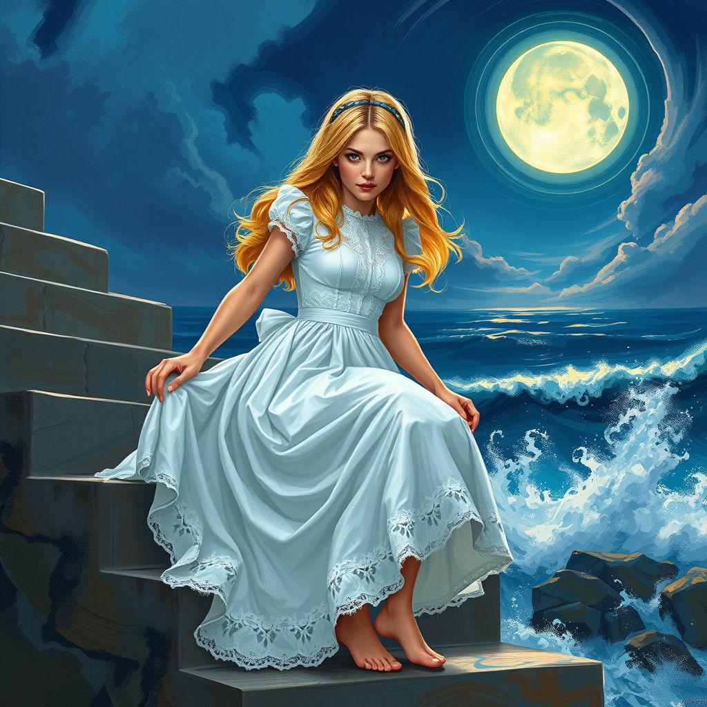 Alice Descends to the Sea, Hyperrealistic Concept Art