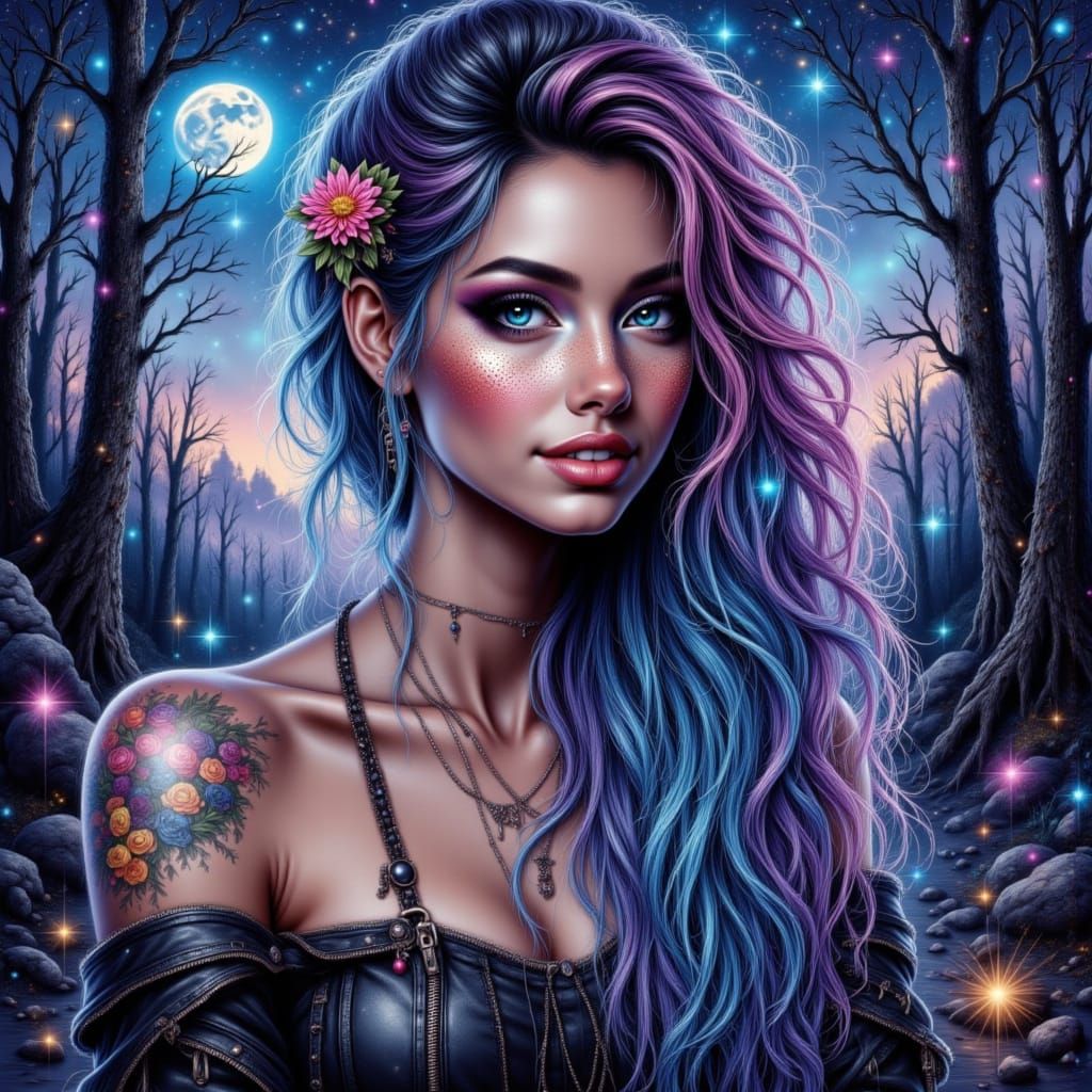 Enchanting Celestial Goddess in Whimsical Cosmic Watercolour