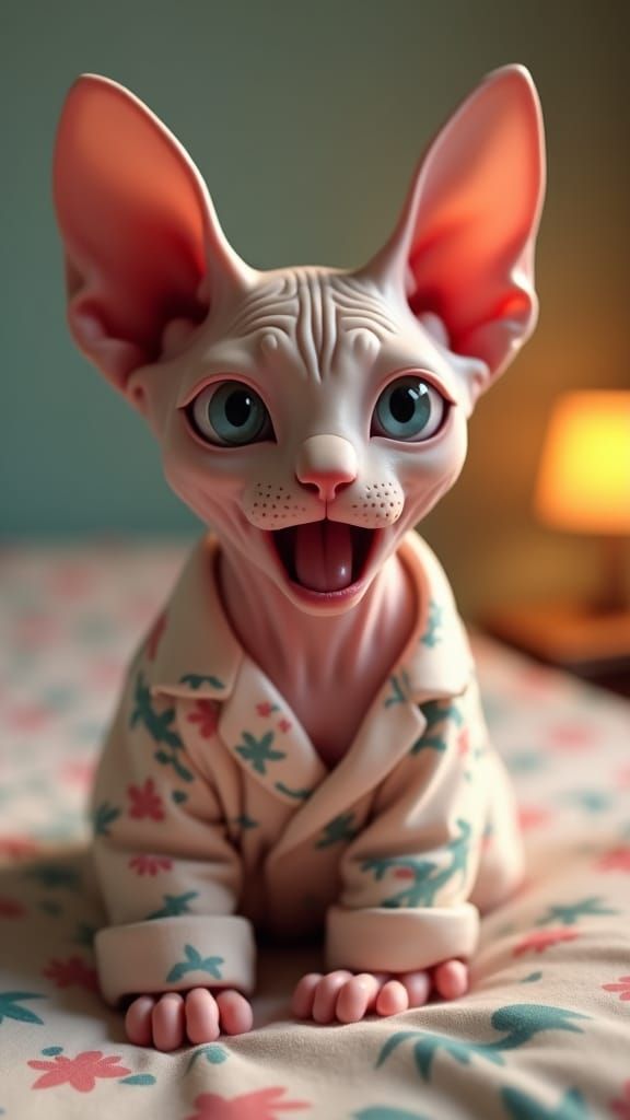 Shocked Sphynx Cat in Pajamas: Anime-Inspired 3D Art
