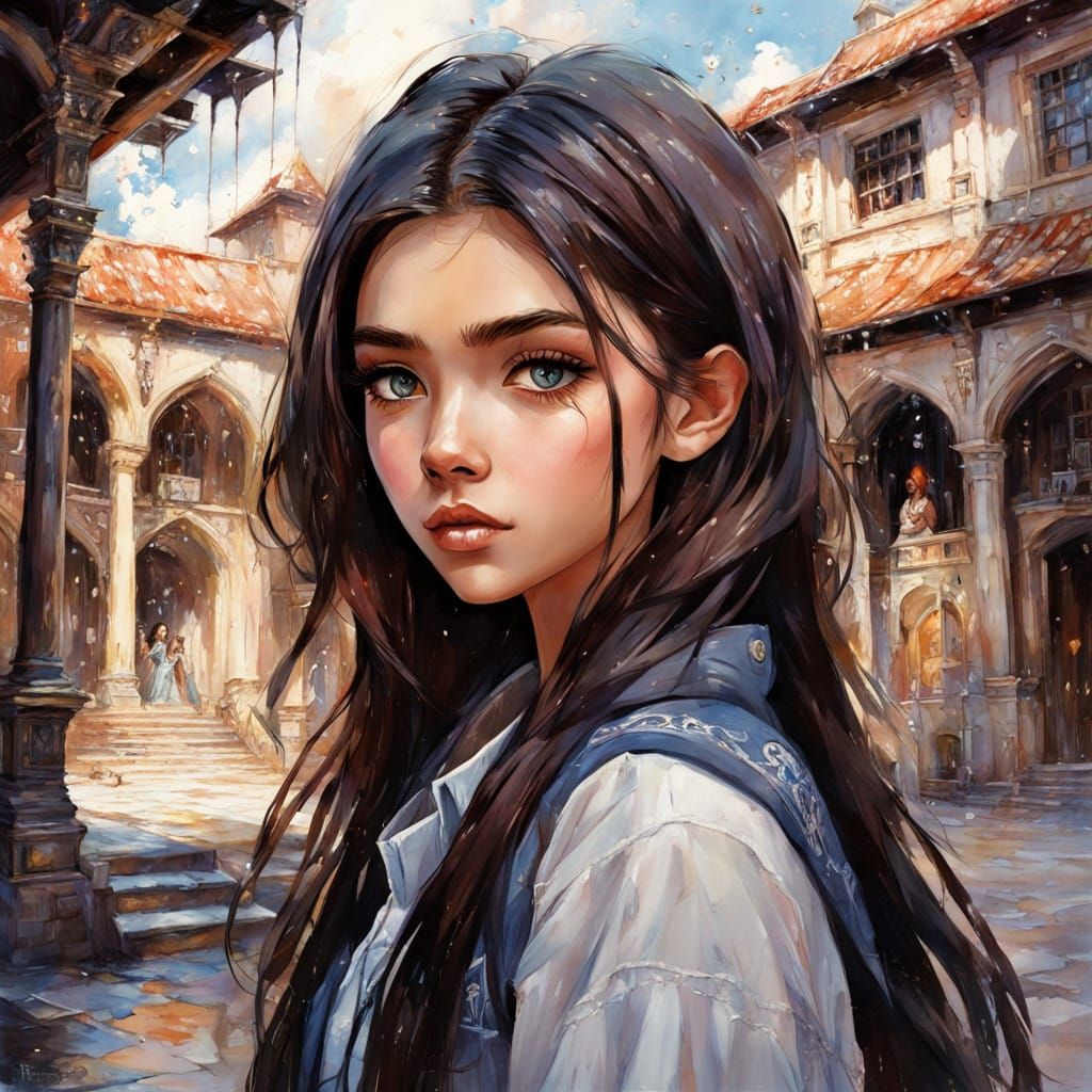 Anime-Inspired Portrait of a Young Woman in a College Settin...