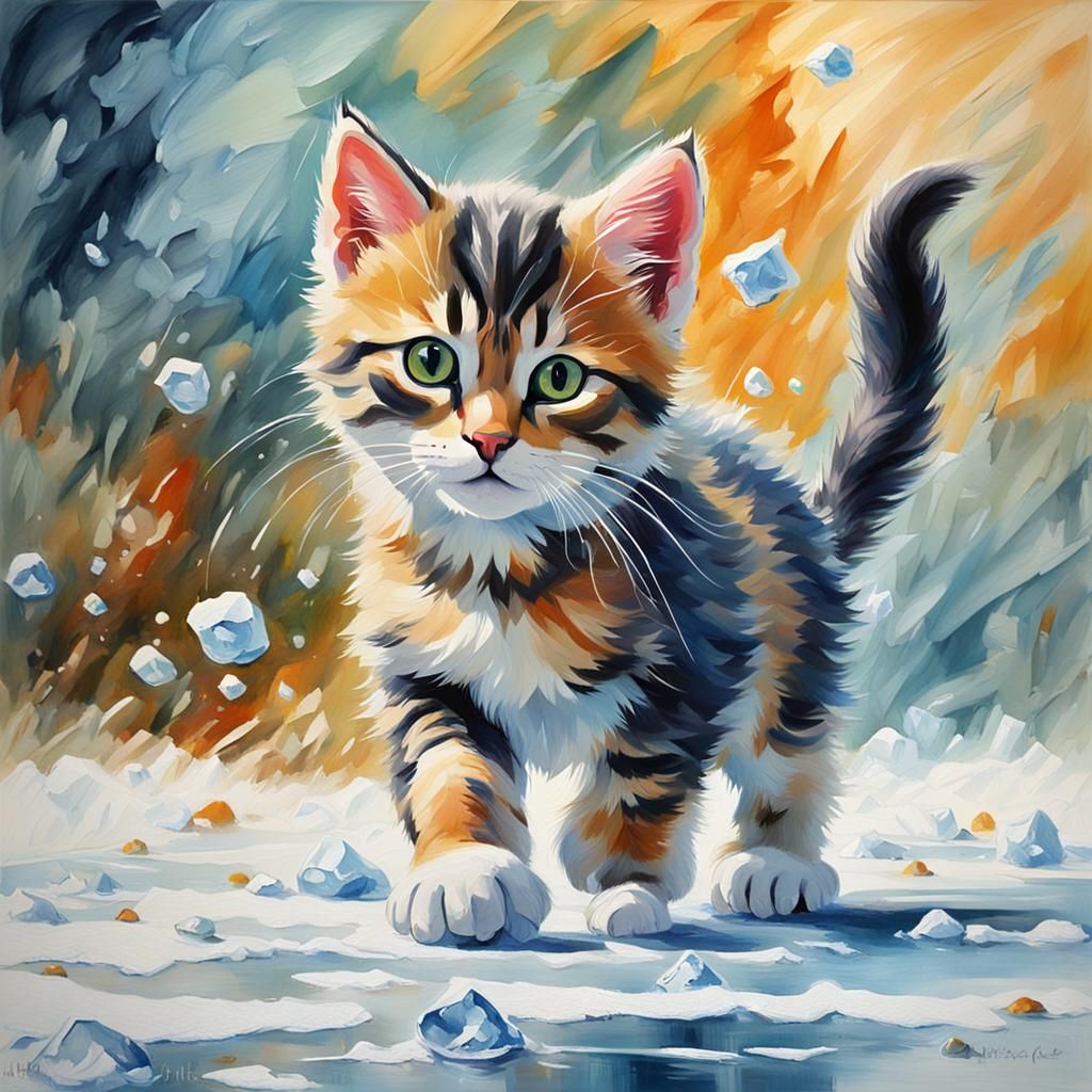 Kitten's Icy Predicament: Gouache Impressionist Painting