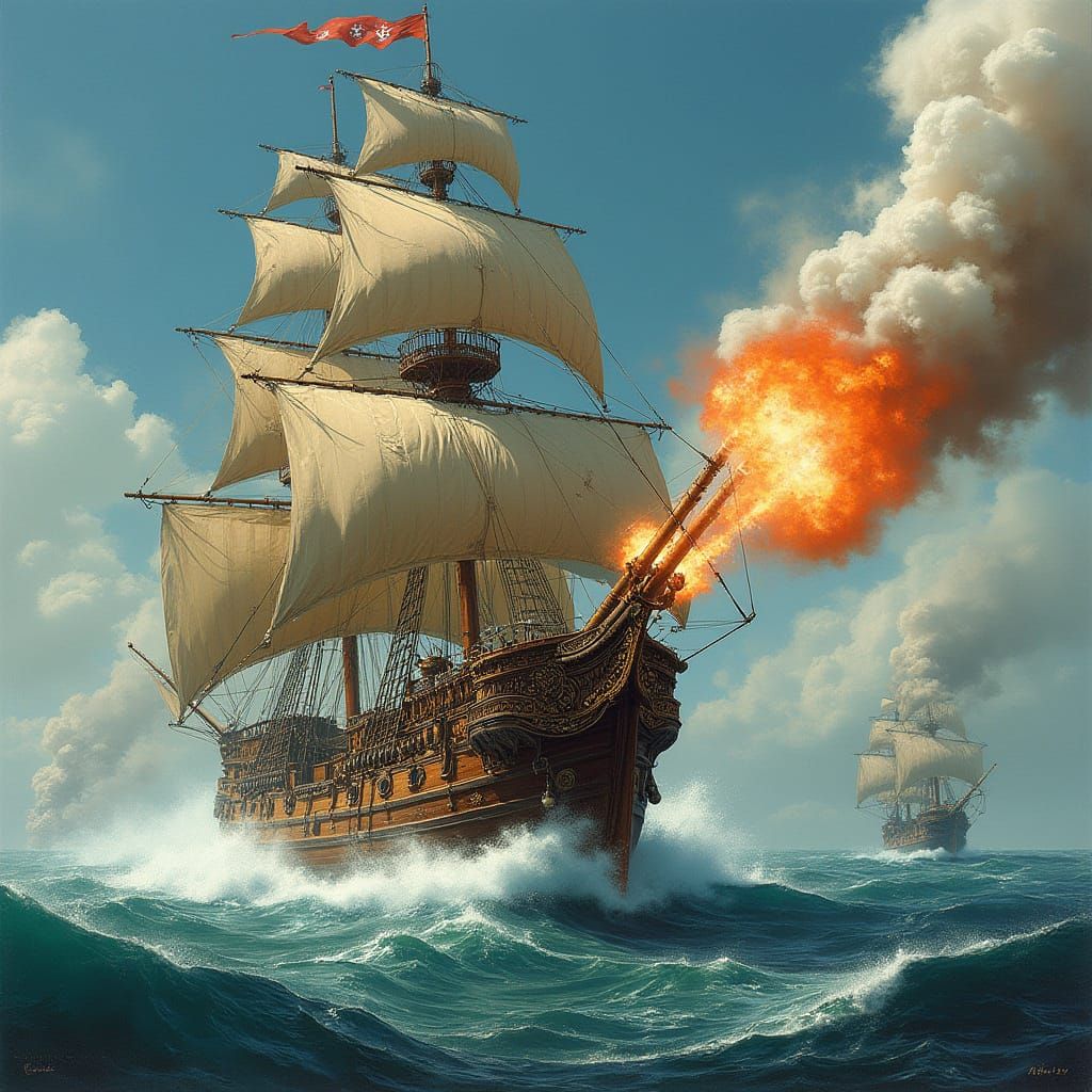 Surreal Pirate Ship Unleashes Fury in a Stormy Sea