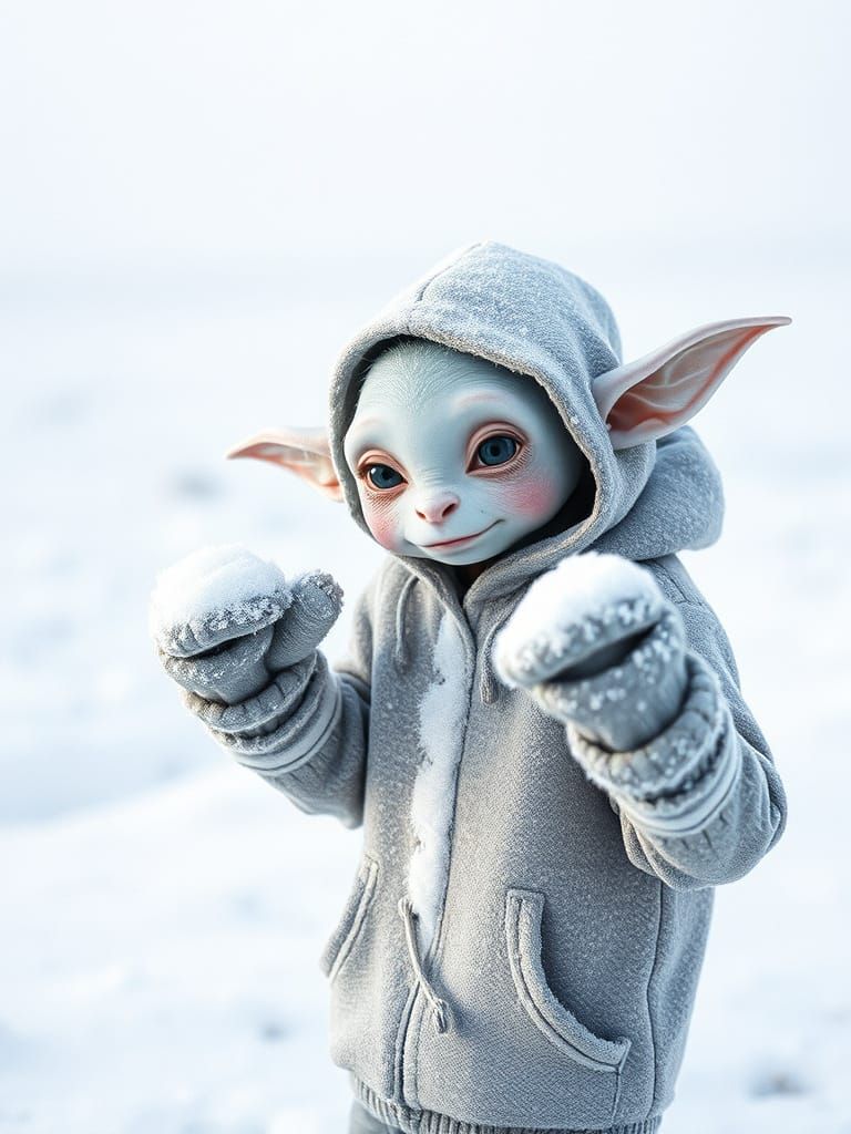 Snowy Imp in Frosty Landscape - Cinematic White Tones