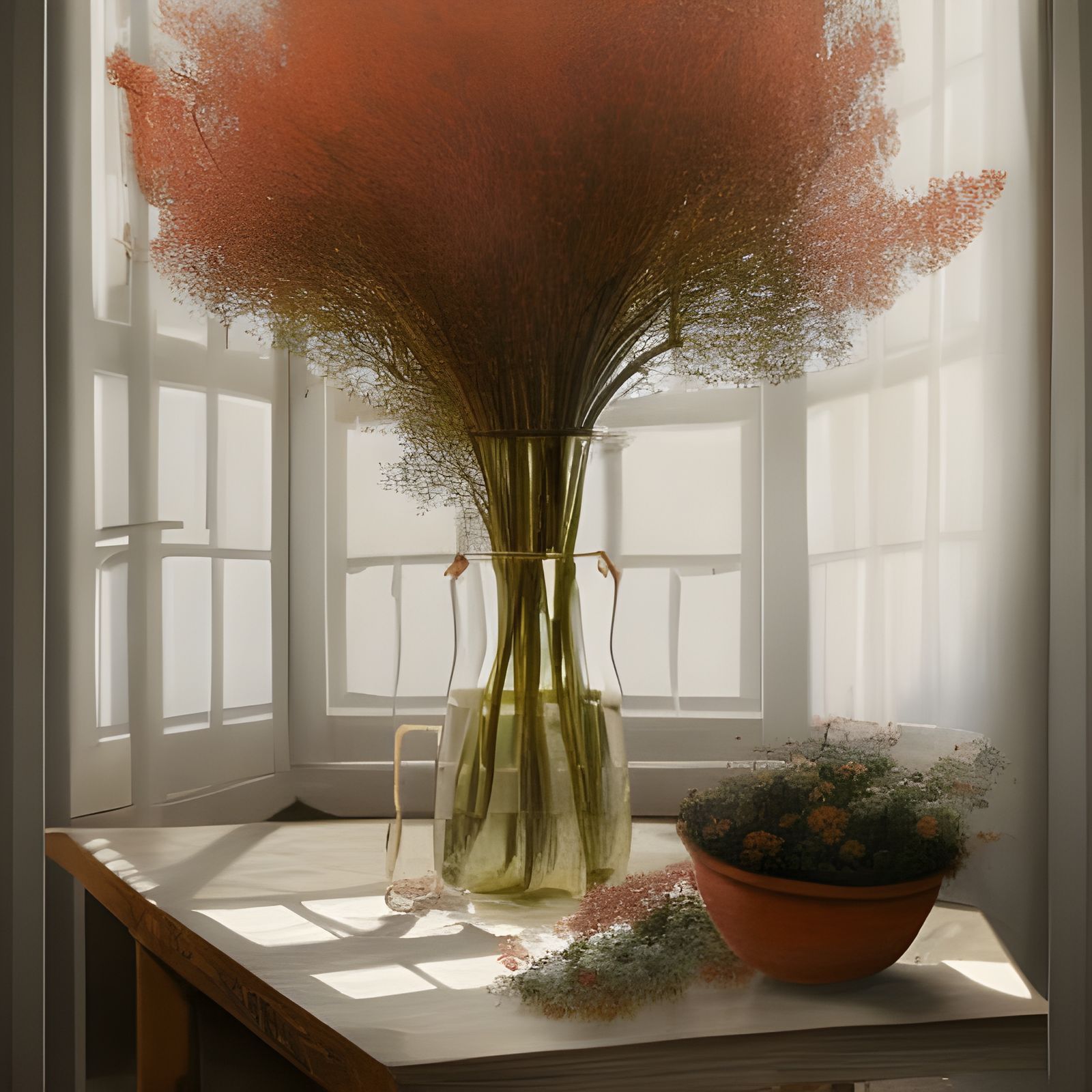 Dry Flower Arrangement in Copper Bucket, God Rays