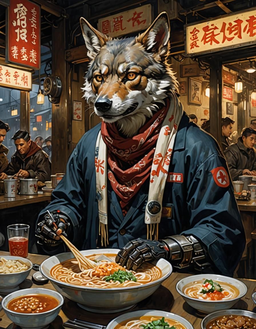 Cyberpunk Mecha Wolf at Ramen Shop in Ghibli Style