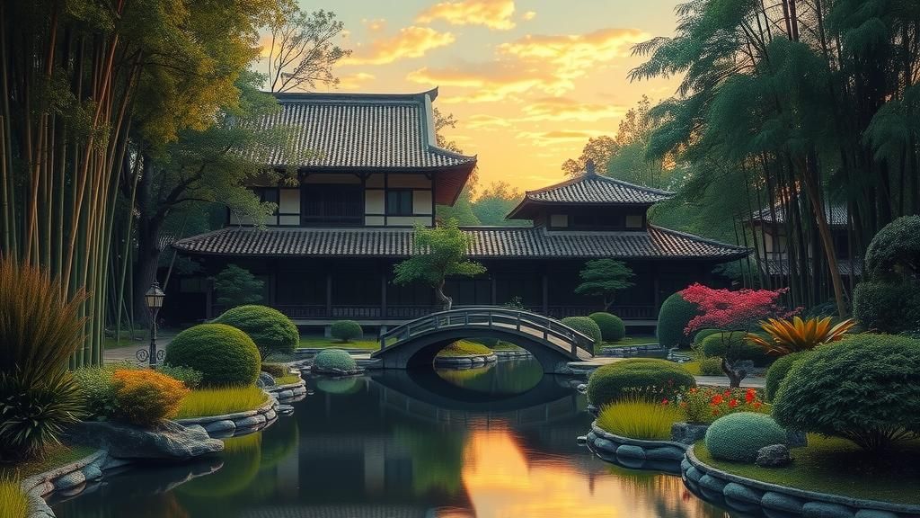 Serene Japanese Manor in Bamboo Forest: Matte Painting