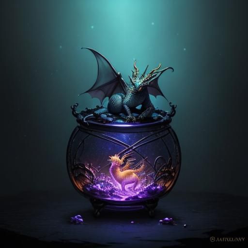 Baby Dragon in Jewel Box: Fantasy Art Nouveau